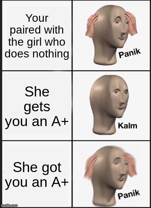 If you know, you know | Your paired with the girl who does nothing; She gets you an A+; She got you an A+ | image tagged in memes,panik kalm panik | made w/ Imgflip meme maker