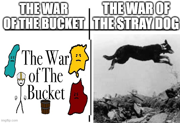 The 2 most pointless wars, which one is more Useless | THE WAR OF THE STRAY DOG; THE WAR OF THE BUCKET | made w/ Imgflip meme maker