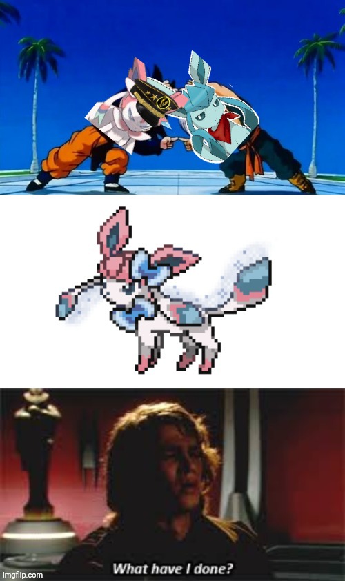 Post this while Glaceon still relevant. | image tagged in dbz fusion,what have i done,sylveon,glaceon | made w/ Imgflip meme maker