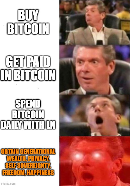 Bitcoin step by step | BUY BITCOIN; GET PAID IN BITCOIN; SPEND BITCOIN DAILY WITH LN; OBTAIN GENERATIONAL WEALTH, PRIVACY, SELF SOVEREIGNTY, FREEDOM, HAPPINESS | image tagged in mr mcmahon reaction | made w/ Imgflip meme maker