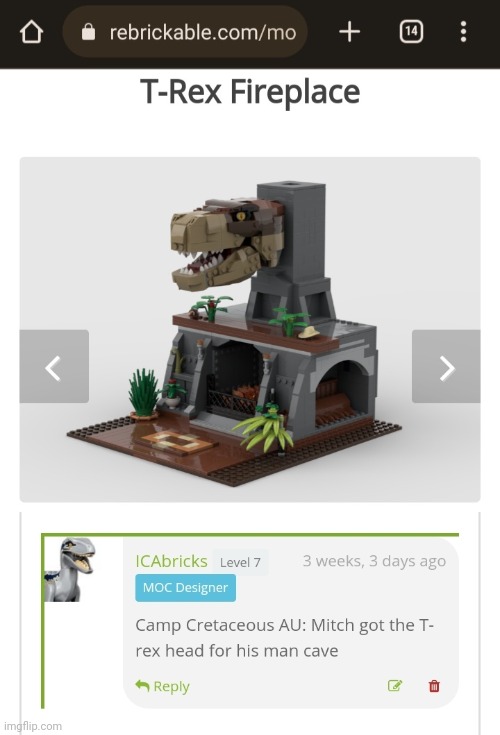 ICAbricks is my Rebrickable username | image tagged in camp cretaceous,t-rex,rexy,lego | made w/ Imgflip meme maker