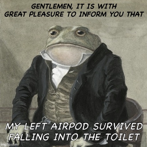 I had to sacrifice the cleanliness of my hand | GENTLEMEN, IT IS WITH GREAT PLEASURE TO INFORM YOU THAT; MY LEFT AIRPOD SURVIVED FALLING INTO THE TOILET | image tagged in gentlemen it is with great pleasure to inform you that,airpods,apple,fun | made w/ Imgflip meme maker