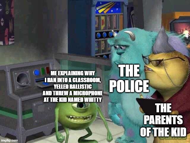 Beep bop | THE POLICE; ME EXPLAINING WHY I RAN INTO A CLASSROOM, YELLED BALLISTIC AND THREW A MICROPHONE AT THE KID NAMED WHITTY; THE PARENTS OF THE KID | image tagged in mike wazowski trying to explain | made w/ Imgflip meme maker