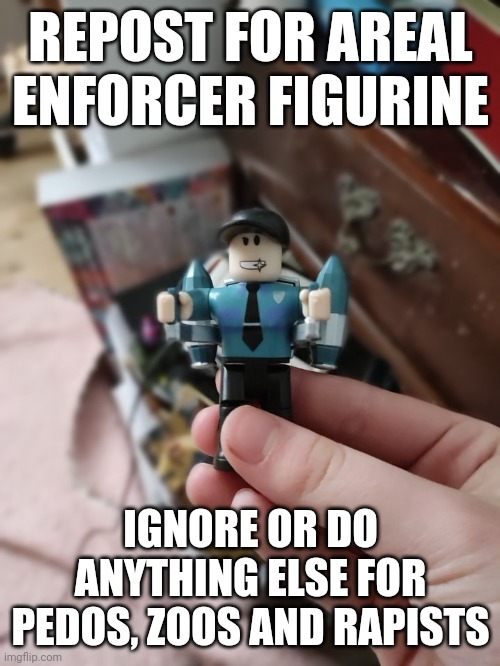 REPOST FOR AREAL ENFORCER FIGURINE; IGNORE OR DO ANYTHING ELSE FOR PEDOS, ZOOS AND RAPISTS | made w/ Imgflip meme maker