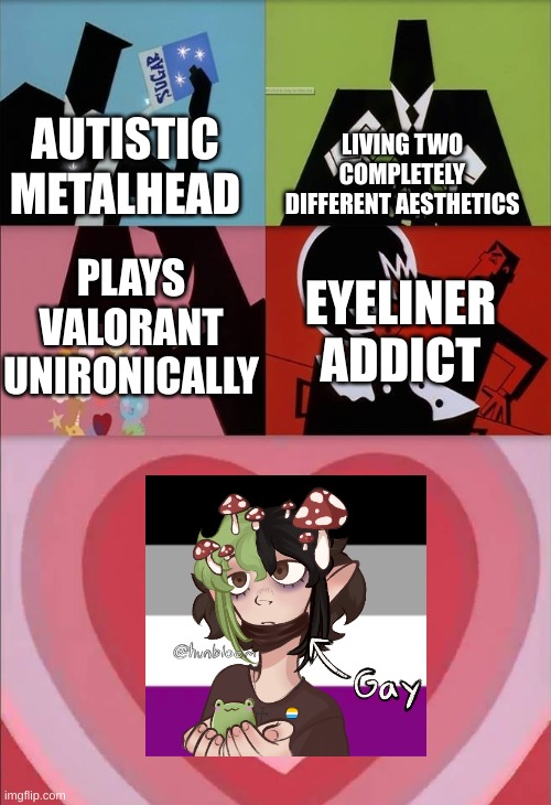me | LIVING TWO COMPLETELY DIFFERENT AESTHETICS; AUTISTIC METALHEAD; PLAYS VALORANT UNIRONICALLY; EYELINER ADDICT | image tagged in power puff girls | made w/ Imgflip meme maker