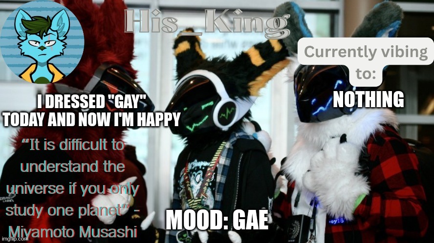 His_Kings template (credit to We_Came_As_Protogens) | I DRESSED "GAY" TODAY AND NOW I'M HAPPY; NOTHING; MOOD: GAE | image tagged in his_kings template credit to we_came_as_protogens | made w/ Imgflip meme maker