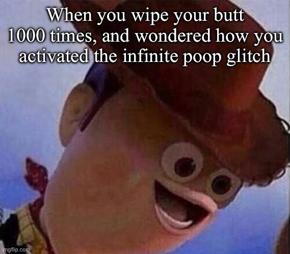 Derp Woody |  When you wipe your butt 1000 times, and wondered how you activated the infinite poop glitch | image tagged in derp woody,poop,toilet,toilet paper,turd,bathroom humor | made w/ Imgflip meme maker