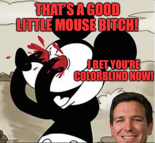 mickey mouse eyes | THAT’S A GOOD LITTLE MOUSE BITCH! I BET YOU’RE COLORBLIND NOW! | image tagged in mickey mouse eyes | made w/ Imgflip meme maker