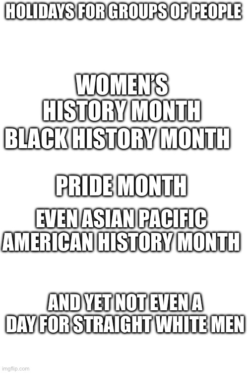 Who’s getting discriminated now? | HOLIDAYS FOR GROUPS OF PEOPLE; WOMEN’S HISTORY MONTH; BLACK HISTORY MONTH; PRIDE MONTH; EVEN ASIAN PACIFIC AMERICAN HISTORY MONTH; AND YET NOT EVEN A DAY FOR STRAIGHT WHITE MEN | made w/ Imgflip meme maker