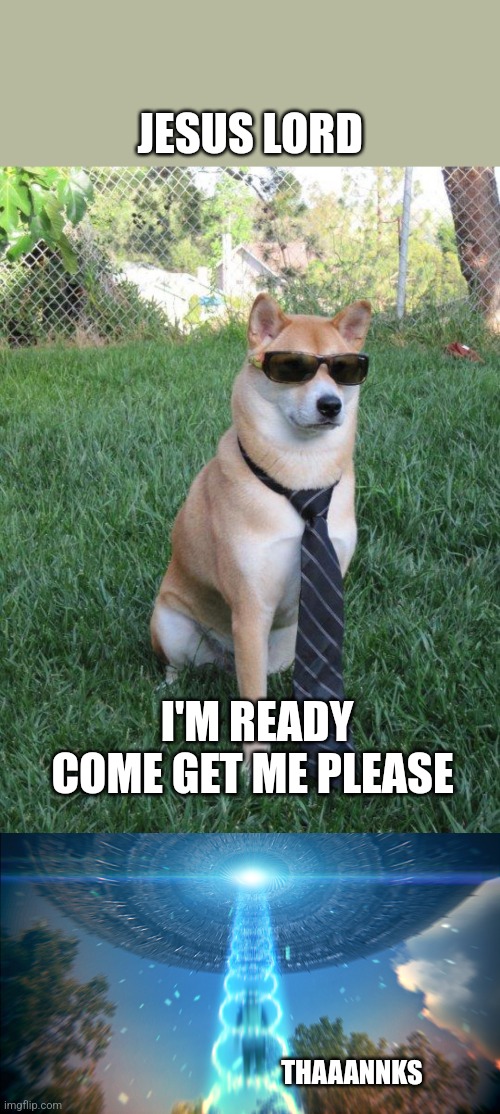JESUS LORD; I'M READY
COME GET ME PLEASE; THAAANNKS | image tagged in business doge,elevation,lets goooo,grateful but not attached this world | made w/ Imgflip meme maker