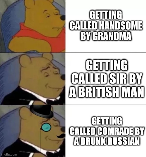 true tho |  GETTING CALLED HANDSOME BY GRANDMA; GETTING CALLED SIR BY A BRITISH MAN; GETTING CALLED COMRADE BY A DRUNK RUSSIAN | image tagged in fancy pooh | made w/ Imgflip meme maker