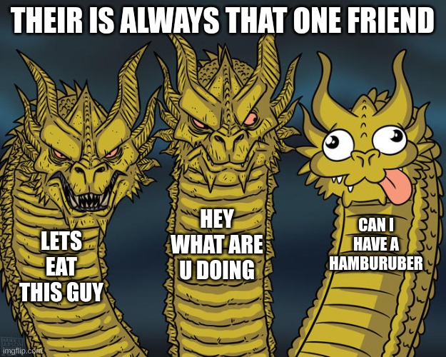 Three-headed Dragon | THEIR IS ALWAYS THAT ONE FRIEND; HEY WHAT ARE U DOING; CAN I HAVE A HAMBURUBER; LETS EAT THIS GUY | image tagged in three-headed dragon | made w/ Imgflip meme maker