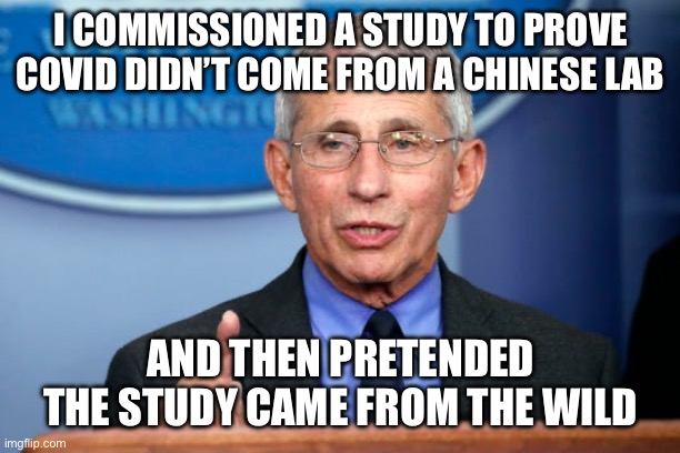 Dr. Fauci | I COMMISSIONED A STUDY TO PROVE COVID DIDN’T COME FROM A CHINESE LAB; AND THEN PRETENDED THE STUDY CAME FROM THE WILD | image tagged in dr fauci,true story bro,new normal,liberal hypocrisy,liberal logic,covid-19 | made w/ Imgflip meme maker