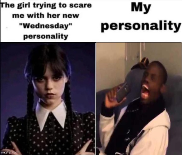 The girl trying to scare me with her new Wednesday personality | image tagged in the girl trying to scare me with her new wednesday personality | made w/ Imgflip meme maker