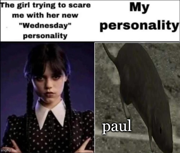 The girl trying to scare me with her new Wednesday personality | paul | image tagged in the girl trying to scare me with her new wednesday personality | made w/ Imgflip meme maker