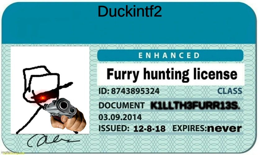 Yes. | Duckintf2; K1LLTH3FURR13S. | image tagged in furry hunting license | made w/ Imgflip meme maker