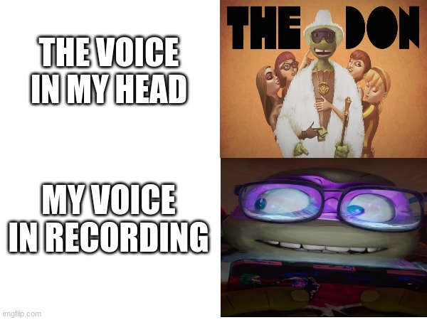 Donnie but Nerdier | THE VOICE IN MY HEAD; MY VOICE IN RECORDING | image tagged in teenage mutant ninja turtles,mutant mayhem | made w/ Imgflip meme maker