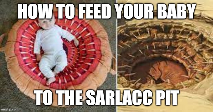 HOW TO FEED YOUR BABY; TO THE SARLACC PIT | image tagged in starwars | made w/ Imgflip meme maker