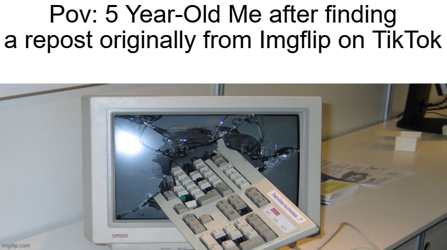 Pov: 5 Year-Old Me after finding a repost originally from Imgflip on TikTok | image tagged in computer suicide,tiktok sucks,tiktok,imgflip,reposts | made w/ Imgflip meme maker