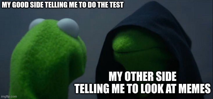 Evil Kermit Meme | MY GOOD SIDE TELLING ME TO DO THE TEST; MY OTHER SIDE TELLING ME TO LOOK AT MEMES | image tagged in memes,evil kermit | made w/ Imgflip meme maker