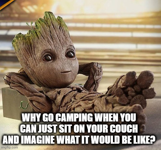 Groot relaxing | WHY GO CAMPING WHEN YOU CAN JUST SIT ON YOUR COUCH AND IMAGINE WHAT IT WOULD BE LIKE? | image tagged in groot relaxing,camping,imagination | made w/ Imgflip meme maker
