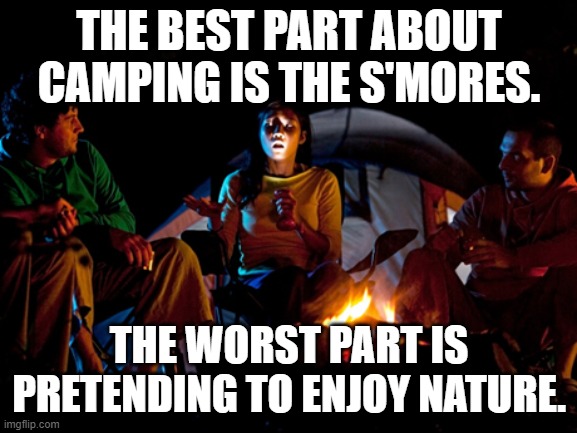 Scary campfire story | THE BEST PART ABOUT CAMPING IS THE S'MORES. THE WORST PART IS PRETENDING TO ENJOY NATURE. | image tagged in scary campfire story,camping | made w/ Imgflip meme maker