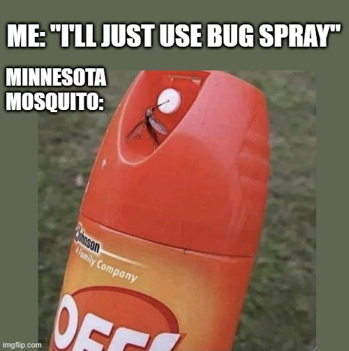 Coming Soon | ME: "I'LL JUST USE BUG SPRAY"; MINNESOTA MOSQUITO: | image tagged in minesota mosquito | made w/ Imgflip meme maker