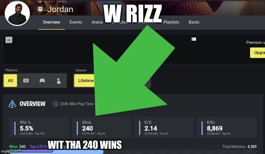 W RIZZ; WIT THA 240 WINS | image tagged in fortnite,stats | made w/ Imgflip meme maker