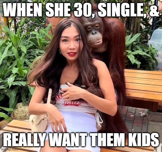 WHEN SHE 30, SINGLE, &; REALLY WANT THEM KIDS | image tagged in 30,kids,biological clock,orangutan | made w/ Imgflip meme maker