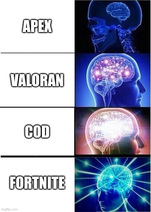 games | APEX; VALORAN; COD; FORTNITE | image tagged in memes,expanding brain | made w/ Imgflip meme maker