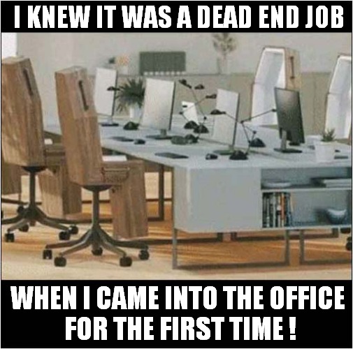 There Were Signs ... | I KNEW IT WAS A DEAD END JOB; WHEN I CAME INTO THE OFFICE
 FOR THE FIRST TIME ! | image tagged in dead end jod,office,coffin,dark humour | made w/ Imgflip meme maker