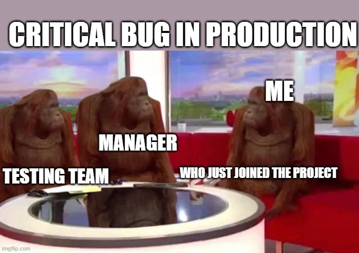 team | CRITICAL BUG IN PRODUCTION; ME; MANAGER; TESTING TEAM; WHO JUST JOINED THE PROJECT | image tagged in where monkey | made w/ Imgflip meme maker