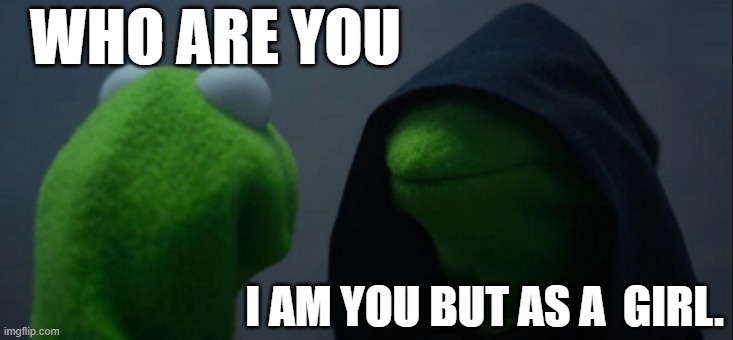 Evil Kermit | WHO ARE YOU; I AM YOU BUT AS A  GIRL. | image tagged in memes,evil kermit | made w/ Imgflip meme maker