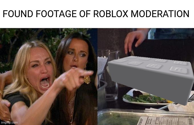 FOUND FOOTAGE OF ROBLOX MODERATION | FOUND FOOTAGE OF ROBLOX MODERATION | image tagged in memes,woman yelling at cat,roblox,funny,relatable,gaming | made w/ Imgflip meme maker
