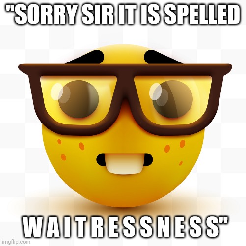 Nerd emoji | "SORRY SIR IT IS SPELLED W A I T R E S S N E S S" | image tagged in nerd emoji | made w/ Imgflip meme maker