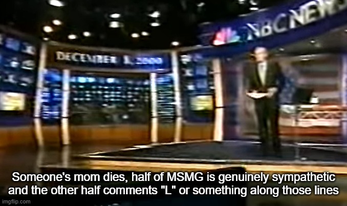 December 8, 2000 | Someone's mom dies, half of MSMG is genuinely sympathetic and the other half comments "L" or something along those lines | image tagged in december 8 2000 | made w/ Imgflip meme maker