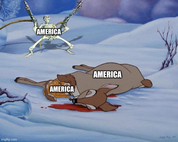 I mean am I wrong | AMERICA; AMERICA; AMERICA | image tagged in skeleton with guns and bambi | made w/ Imgflip meme maker