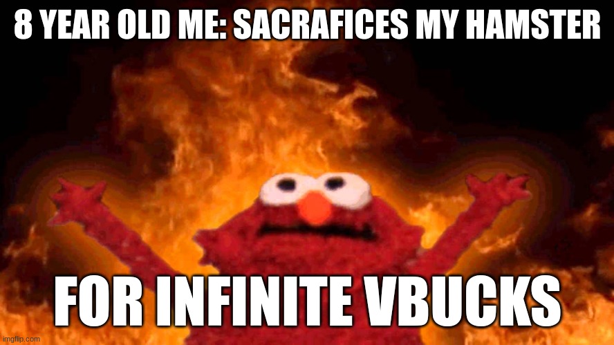 hamster demon | 8 YEAR OLD ME: SACRAFICES MY HAMSTER; FOR INFINITE VBUCKS | image tagged in elmo fire | made w/ Imgflip meme maker