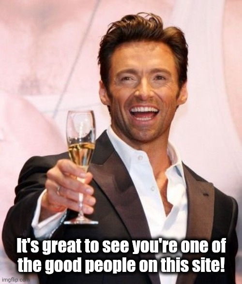 Hugh Jackman Cheers | It's great to see you're one of
the good people on this site! | image tagged in hugh jackman cheers | made w/ Imgflip meme maker