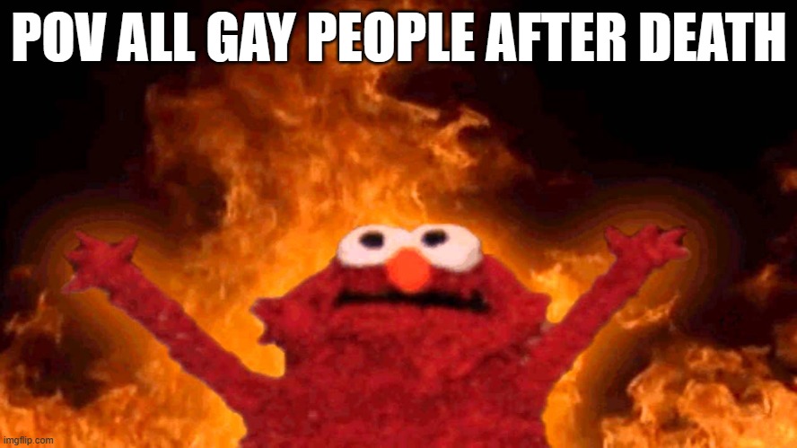 elmo fire | POV ALL GAY PEOPLE AFTER DEATH | image tagged in elmo fire | made w/ Imgflip meme maker