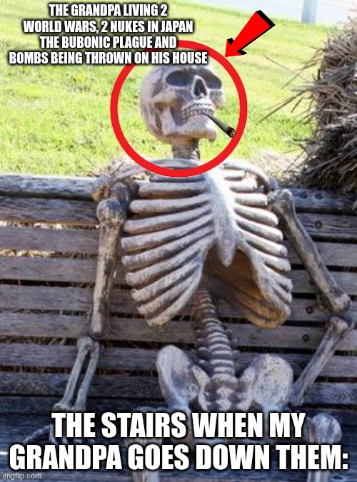 Waiting Skeleton Meme | THE GRANDPA LIVING 2 WORLD WARS, 2 NUKES IN JAPAN THE BUBONIC PLAGUE AND BOMBS BEING THROWN ON HIS HOUSE; THE STAIRS WHEN MY GRANDPA GOES DOWN THEM: | image tagged in memes,waiting skeleton | made w/ Imgflip meme maker