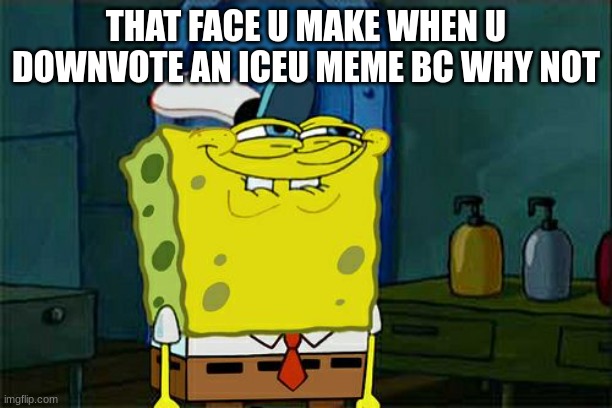 hello mine friends. | THAT FACE U MAKE WHEN U DOWNVOTE AN ICEU MEME BC WHY NOT | image tagged in memes,don't you squidward | made w/ Imgflip meme maker