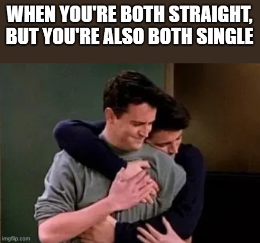 When You're Both Straight And Single | WHEN YOU'RE BOTH STRAIGHT, BUT YOU'RE ALSO BOTH SINGLE | image tagged in straight,single,friends,hugging,funny,memes | made w/ Imgflip meme maker