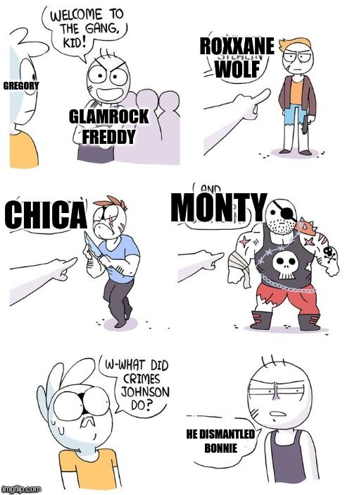 Crimes Johnson | ROXXANE WOLF; GREGORY; GLAMROCK FREDDY; MONTY; CHICA; HE DISMANTLED BONNIE | image tagged in crimes johnson | made w/ Imgflip meme maker