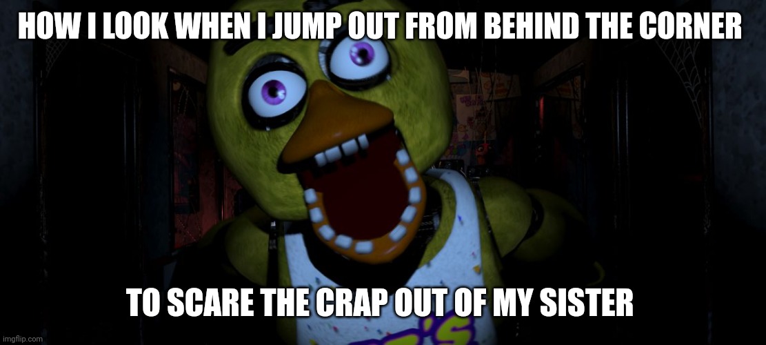 This never gets old. It's too hilarious | HOW I LOOK WHEN I JUMP OUT FROM BEHIND THE CORNER; TO SCARE THE CRAP OUT OF MY SISTER | image tagged in chica jumpscare | made w/ Imgflip meme maker