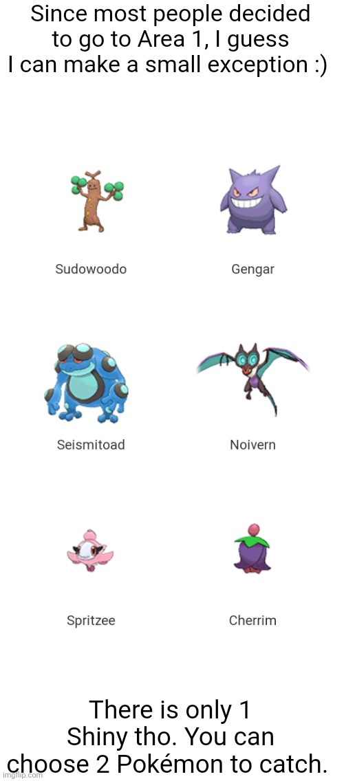 The results of Both Areas will be out soon | Since most people decided to go to Area 1, I guess I can make a small exception :); There is only 1 Shiny tho. You can choose 2 Pokémon to catch. | made w/ Imgflip meme maker