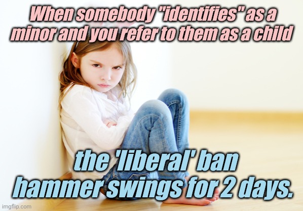 Don't call a minor a child. | When somebody "identifies" as a minor and you refer to them as a child; the 'liberal' ban hammer swings for 2 days. | image tagged in angry child militant atheist,liberals,democrats,lgbtq,blm,antifa | made w/ Imgflip meme maker