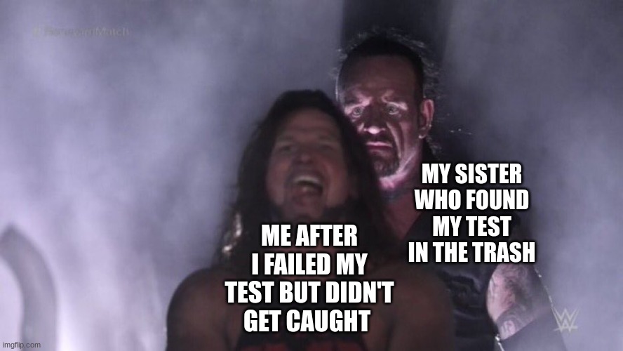 AJ Styles & Undertaker | MY SISTER WHO FOUND MY TEST IN THE TRASH; ME AFTER I FAILED MY TEST BUT DIDN'T GET CAUGHT | image tagged in aj styles undertaker | made w/ Imgflip meme maker