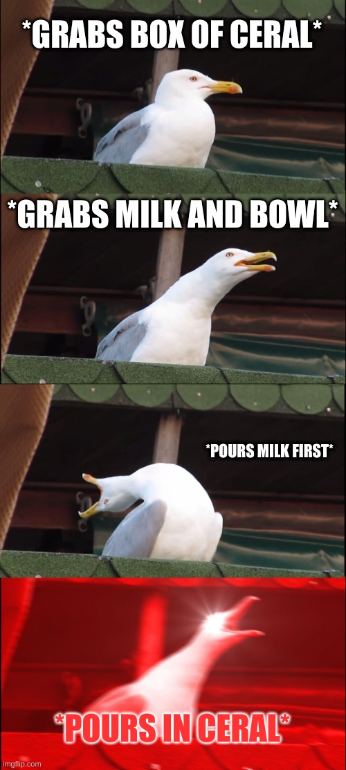 Why? | *GRABS BOX OF CERAL*; *GRABS MILK AND BOWL*; *POURS MILK FIRST*; *POURS IN CERAL* | image tagged in memes,inhaling seagull | made w/ Imgflip meme maker