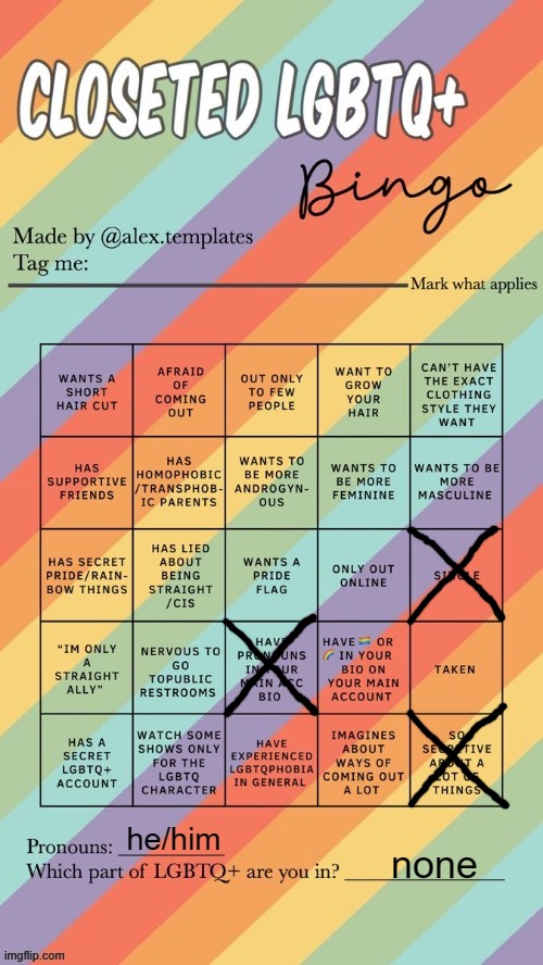 Also doing bingo that doesn't apply to me because I'm bored | he/him; none | image tagged in closeted lgbtq bingo | made w/ Imgflip meme maker